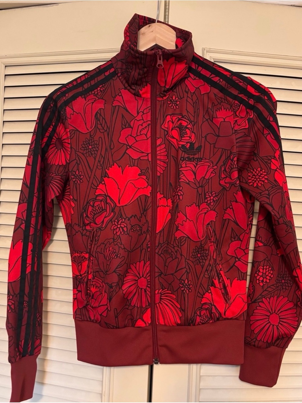 adidas Red Floral Track Jacket with Black Stripes